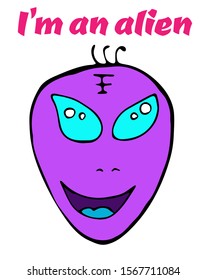 Vector violet alien with blue eyes and smiling face isolated on white. Flat vector image of humanoid.