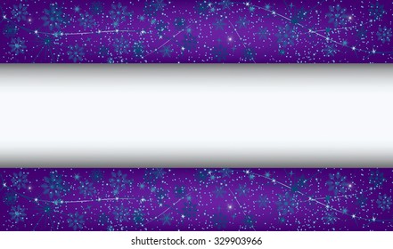 Vector violet background banner with snowflakes and blank space in center