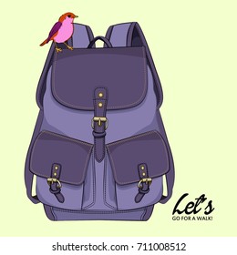 Vector violet backpack with bird