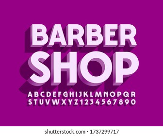 Vector violet banner Barber Shop. Modern 3D Font. Minimalist Alphabet Letters and Numbers