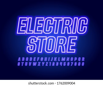 Vector violet banner Electronic Store with Neon Alphabet Letters and Numbers. Purple Glowing Font