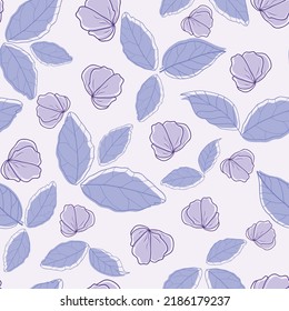 Vector violet blue garden flowers leaves on light delicate fabric seamless pattern. Elegant retro background. Great for allover print, textile, packaging, wallpapers and more