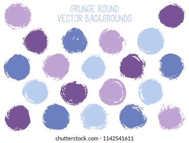 Vector violet blue grunge circles isolated. Hipster stamp texture circle scratched label backgrounds. Circular icon, badge shape, round button elements. Grunge round shape banner backgrounds set.