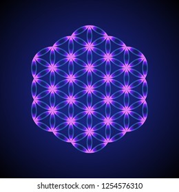 vector violet blue ornament design abstract mandala sacred geometry illustration Flower of life isolated on dark background  
