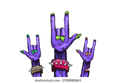 vector violet cartoon Zombie rock n roll hand isolated on white background with space for text . vector Zombie party halloween background or horizontal heavy metal poster design template