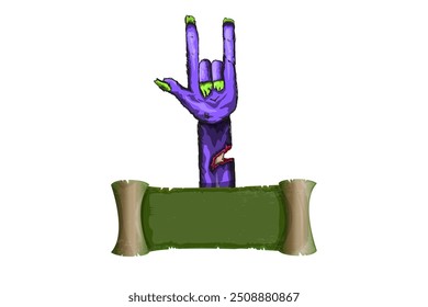 vector violet cartoon Zombie rock n roll hand isolated on white background with space for text . vector Zombie party halloween background or horizontal heavy metal poster design template