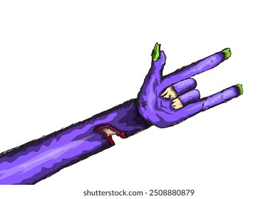 vector violet cartoon Zombie rock n roll hand isolated on white background with space for text . vector Zombie party halloween background or horizontal heavy metal poster design template