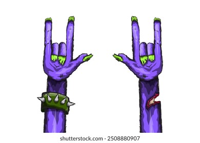 vector violet cartoon Zombie rock n roll hand isolated on white background with space for text . vector Zombie party halloween background or horizontal heavy metal poster design template