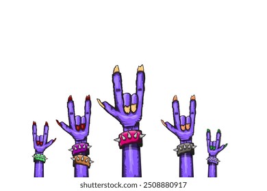 vector violet cartoon Zombie rock n roll hand isolated on white background with space for text . vector Zombie party halloween background or horizontal heavy metal poster design template