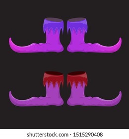 vector violet christmas elf shoes collection icon isolated on black background. vector funky violet cartoon boots set