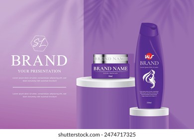 The vector of violet cosmetic packaging ads poster with the violet background and template