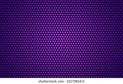 Vector violet dotted metallic background. Grill speaker steel texture. Iron round hole seamless pattern. Future perforated grate banner. Aluminium abstract wallpaper. Gradient radiator plate shape