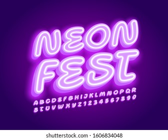 Vector violet Emblem Neon Fest. Bright electric Font. Glowing Alphabet Letters and Numbers