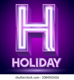 Vector violet glowing lamp tube Alphabet. Letter H