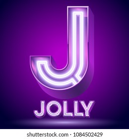 Vector violet glowing lamp tube Alphabet. Letter J