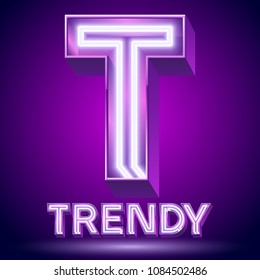 Vector violet glowing lamp tube Alphabet. Letter T