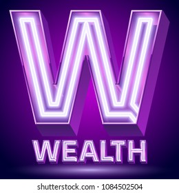 Vector violet glowing lamp tube Alphabet. Letter W