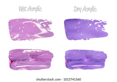 Vector violet and gold paint smear stroke stain set. Abstract gold glittering textured art illustration. Gold Texture Paint Stain Illustration. Hand drawn brush strokes vector elements. Acrilyc.
