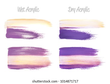 Vector violet and gold paint smear stroke stain set. Abstract gold glittering textured art illustration. Gold Texture Paint Stain Illustration. Hand drawn brush strokes vector elements. Acrilyc.