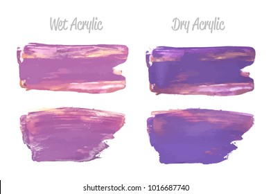 Vector violet and gold paint smear stroke stain set. Abstract gold glittering textured art illustration. Gold Texture Paint Stain Illustration. Hand drawn brush strokes vector elements Acrilyc strokes