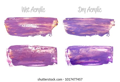 Vector violet and gold paint smear stroke stain set. Abstract gold glittering textured art illustration. Gold Texture Paint Stain Illustration. Hand drawn brush strokes vector elements Acrilyc strokes