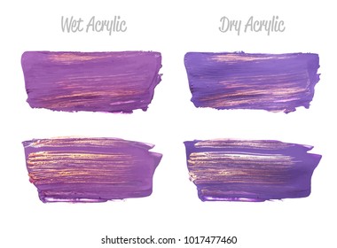 Vector violet and gold paint smear stroke stain set. Abstract gold glittering textured art illustration. Gold Texture Paint Stain Illustration. Hand drawn brush strokes vector elements Acrilyc strokes