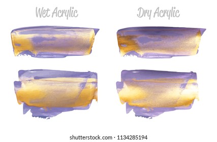 Vector violet and gold paint smear stroke stain set. Abstract gold glittering textured art illustration. Gold Texture Paint Stain Illustration. Hand drawn brush strokes vector elements Acrilyc strokes