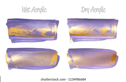Vector violet and gold paint smear stroke stain set. Abstract gold glittering textured art illustration. Gold Texture Paint Stain Illustration. Hand drawn brush strokes vector elements Acrilyc strokes