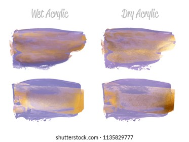 Vector violet and gold paint smear stroke stain set. Abstract gold glittering textured art illustration. Gold Texture Paint Stain Illustration. Hand drawn brush strokes vector elements Acrilyc strokes