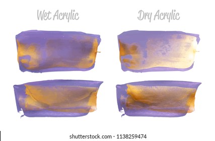 Vector violet and gold paint smear stroke stain set. Abstract gold glittering textured art illustration. Gold Texture Paint Stain Illustration. Hand drawn brush strokes vector elements Acrilyc strokes
