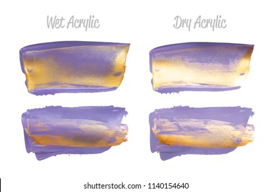 Vector violet and gold paint smear stroke stain set. Abstract gold glittering textured art illustration. Gold Texture Paint Stain Illustration. Hand drawn brush strokes vector elements Acrilyc strokes