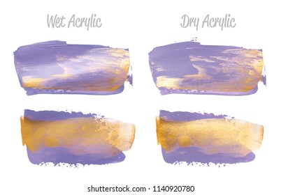 Vector violet and gold paint smear stroke stain set. Abstract gold glittering textured art illustration. Gold Texture Paint Stain Illustration. Hand drawn brush strokes vector elements Acrilyc strokes