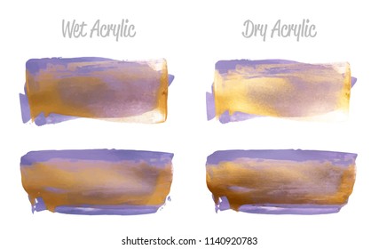 Vector violet and gold paint smear stroke stain set. Abstract gold glittering textured art illustration. Gold Texture Paint Stain Illustration. Hand drawn brush strokes vector elements Acrilyc strokes