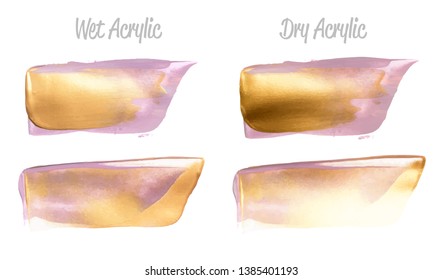 Vector violet and gold paint smear stroke stain set. Abstract gold glittering textured art illustration. Gold Texture Paint Stain Illustration. Hand drawn brush strokes elements. Acrilyc strokes.