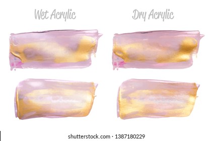 Vector violet and gold paint smear stroke stain set. Abstract gold glittering textured art illustration. Gold Texture Paint Stain Illustration. Hand drawn brush strokes elements. Acrilyc strokes.