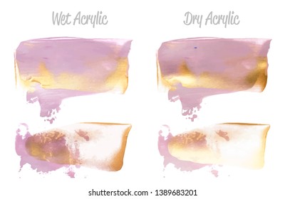 Vector violet and gold paint smear stroke stain set. Abstract gold glittering textured art illustration. Gold Texture Paint Stain Illustration. Hand drawn brush strokes elements. Acrilyc strokes.