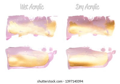 Vector violet and gold paint smear stroke stain set. Abstract gold glittering textured art illustration. Gold Texture Paint Stain Illustration. Hand drawn brush strokes elements. Acrilyc strokes.