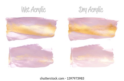 Vector violet and gold paint smear stroke stain set. Abstract gold glittering textured art illustration. Gold Texture Paint Stain Illustration. Hand drawn brush strokes elements. Acrilyc strokes.
