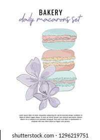 Vector violet green flower and macaroon greeting card template. Flat lay, space background. Lifestyle concept poster. Food and floral hand drawn concept