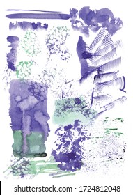 Vector violet and green paint stroke stain set. Abstract watercolour textured art illustration. Watercolour Texture Paint Illustration. Hand drawn brush strokes vector elements. Watercolour strokes.
