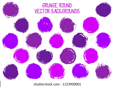 Vector violet grunge circles isolated. Hipster stamp texture circle scratched label backgrounds. Circular icon, badge shape, round button elements. Grunge round shape banner backgrounds set.
