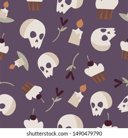 Vector violet halloween seamless pattern for flyer, poster, packaging for the holiday or all saints on the eve. Violet drawing of a skull, candle, flower, cupcake for Halloween.