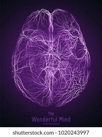 Vector Violet Illustration Of 3d Brain Top With Synapses And Glowing Neurons. Conceptual Image Of Idea Birth Or Artificial Intelligence. Net Of Shiny Lines Forms Brain Structure. Futuristic Mind Scan.