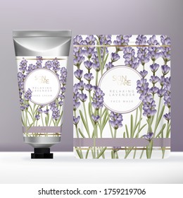 Conjunto de belleza de lavanda violeta vectorial con tubo metálico de crema de mano plateado y embalaje de máscara facial o sobre