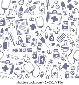 Vector violet linear medicine isolated icon. Seamless medicine pattern with pills and flasks on white backdround. Pharmacology medicine doodle sketch.