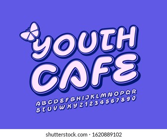 Vector violet logo Youth Cafe with Butterfly. Trendy retro Font. Set of Alphabet Letters and Numbers
