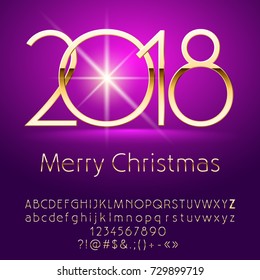 Vector violet Merry Christmas 2018 greeting card with Alphabet set of Letters, Symbols and Numbers. Unique Font contains Graphic Style