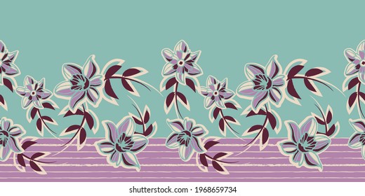 Vector violet mint floral striped seamless pattern