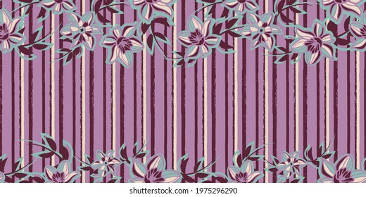 Vector violet mint floral striped seamless pattern