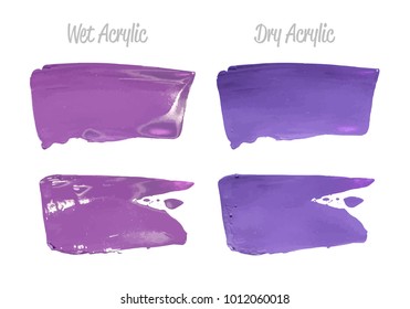 Vector violet paint smear stroke stain set. Abstract wet and dry acrylic textured art illustration. Acrylic Texture Paint Stain Illustration. Hand drawn brush strokes vector elements. Acrilyc strokes.